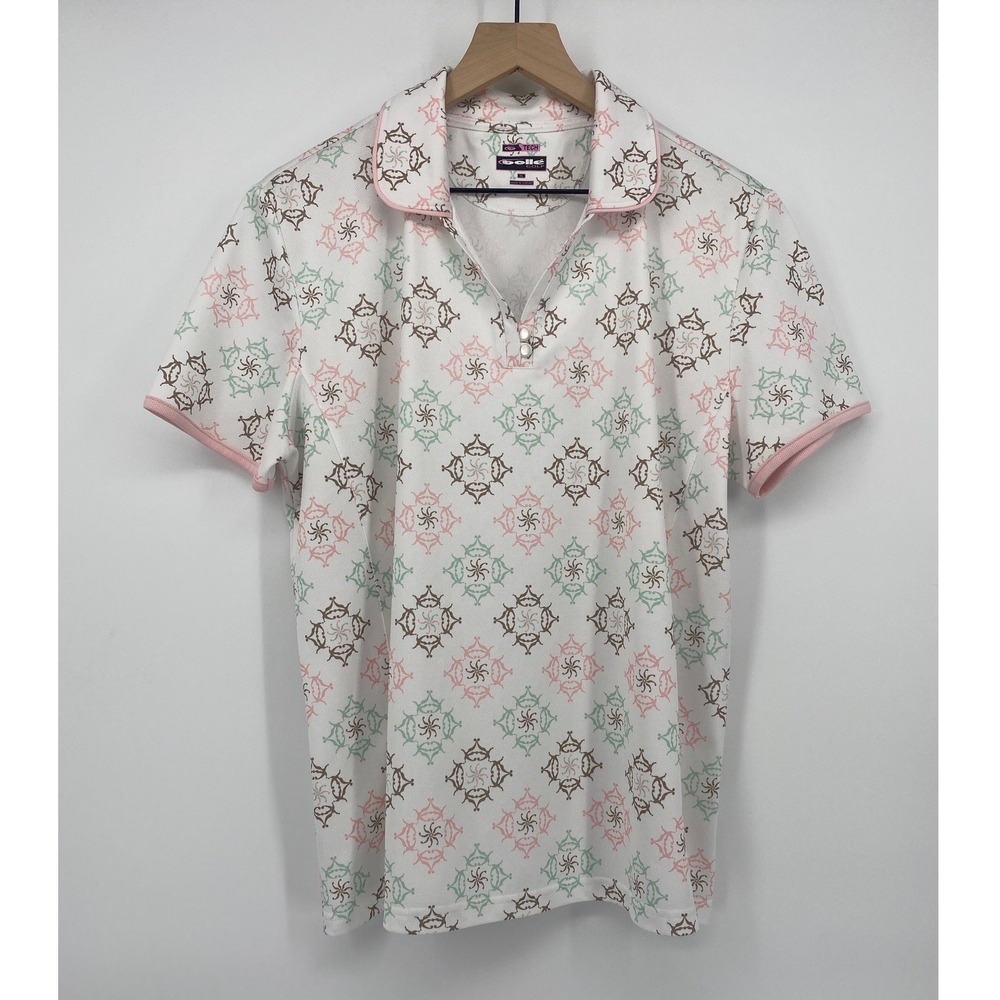 Ed Hardy Bolle Golf Polo Shirt XL White Pink Geometric Print Tech Performance
